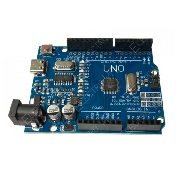 Explora el potencial de tus proyectos de electrónica con la Placa de Desarrollo Uno R3 Atmega328P-U CH340, compatible con Arduino. Conector USB tipo C