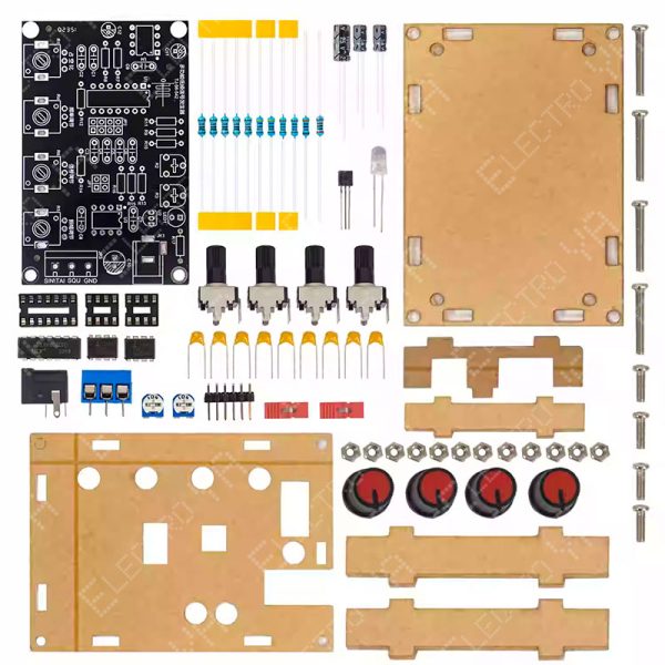 Kit DIY Generador de Señal ICL8038, con caja acrílica transparente, diseñado para experimentación en electrónica y pruebas de circuitos.